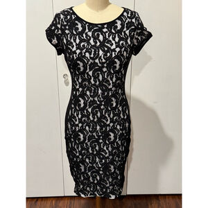 Women's Premise lined Dress Size 10 Black and White Lace back zip short sleeve